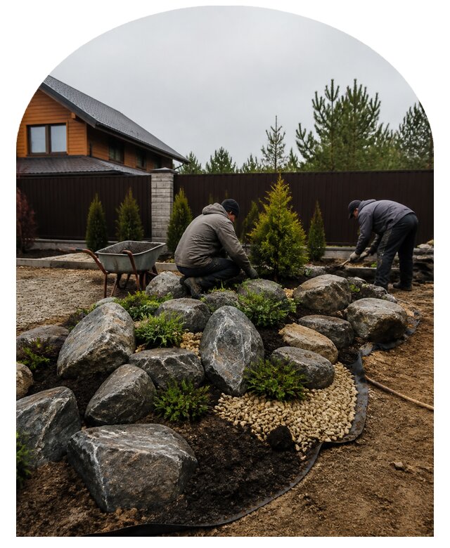 Устройство рокария на участке под ключ для благоустройства в Соколе
